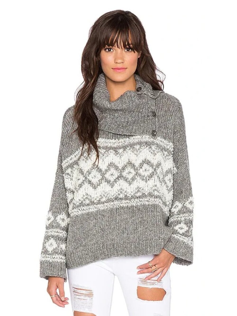 Free People Ragnar Fair Isle Gray Split Cowl Neck Sweater, Size S